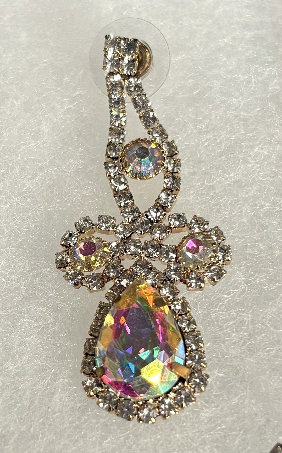 Iridescent Rhinestone V-Shape Statement Necklace and Dangle Earring Set -  Rainbow Crystal Rhinestone Costume Jewelry Set
