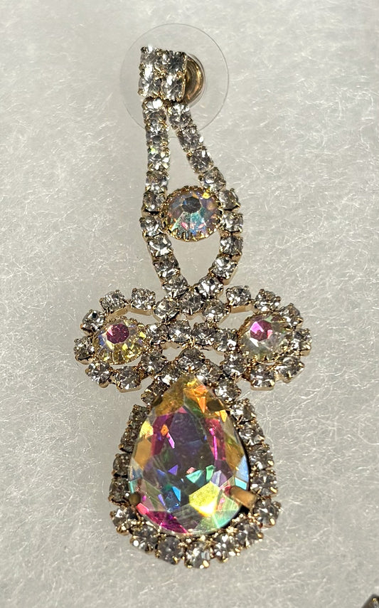 Iridescent Rhinestone V-Shape Statement Necklace and Dangle Earring Set -  Rainbow Crystal Rhinestone Costume Jewelry Set