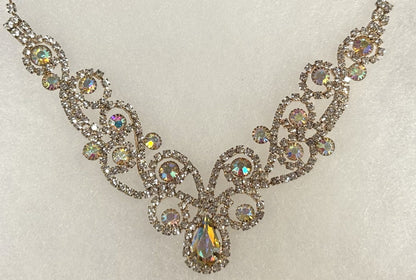 Iridescent Rhinestone V-Shape Statement Necklace and Dangle Earring Set -  Rainbow Crystal Rhinestone Costume Jewelry Set