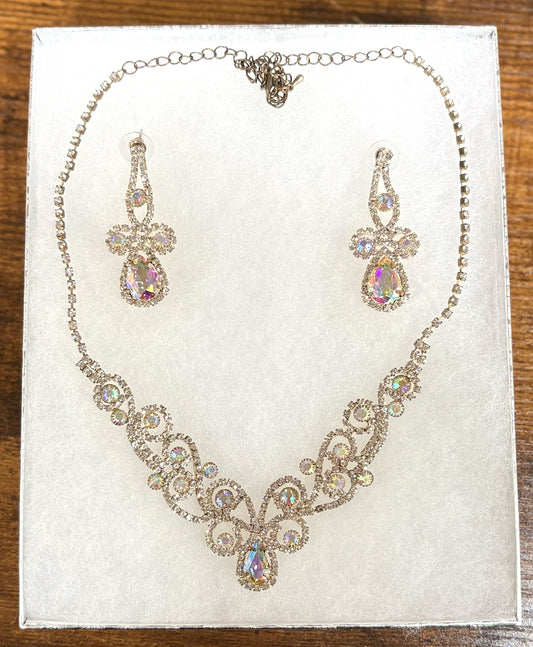 Iridescent Rhinestone V-Shape Statement Necklace and Dangle Earring Set -  Rainbow Crystal Rhinestone Costume Jewelry Set