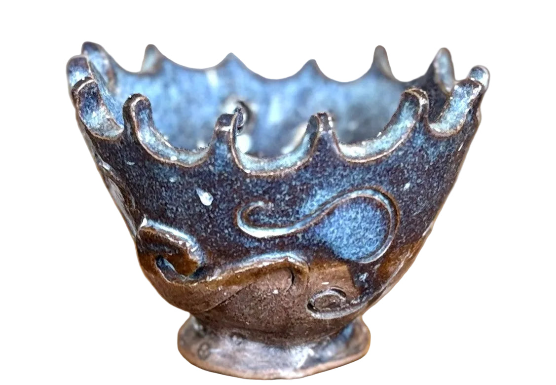 Handmade Ceramic Wavy Scalloped Crown Rim Pottery - Blue Abstract Wave Clay Bowl