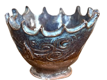Handmade Ceramic Wavy Scalloped Crown Rim Pottery - Blue Abstract Wave Clay Bowl