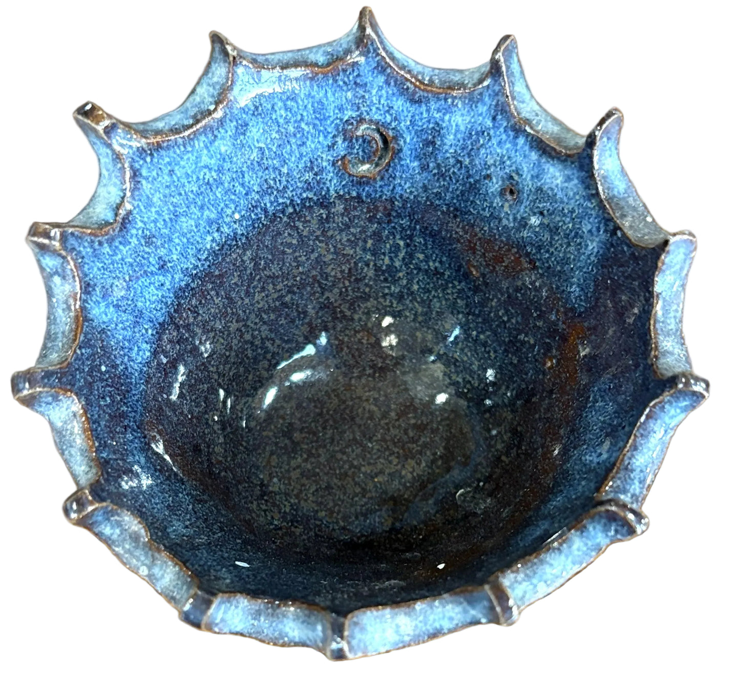 Handmade Ceramic Wavy Scalloped Crown Rim Pottery - Blue Abstract Wave Clay Bowl