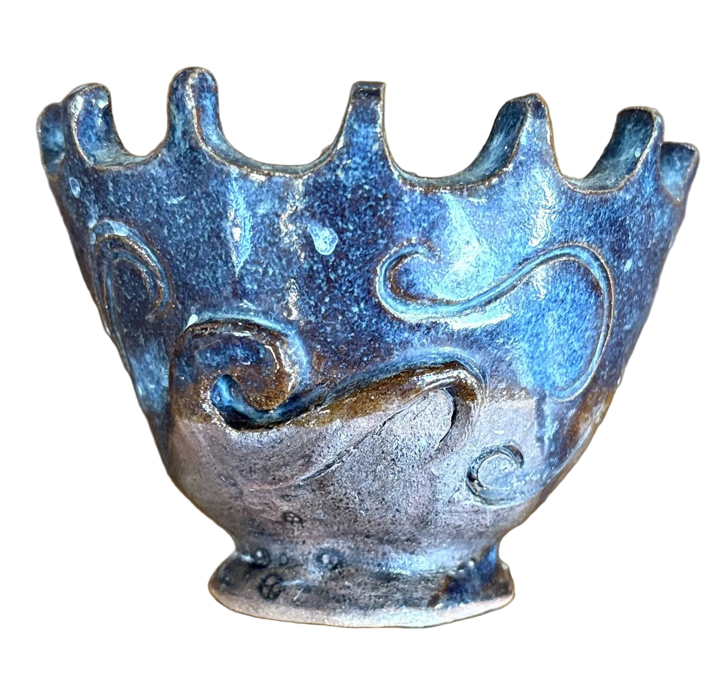 Handmade Ceramic Wavy Scalloped Crown Rim Pottery - Blue Abstract Wave Clay Bowl