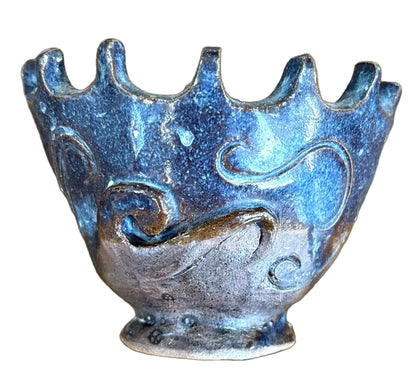 Handmade Ceramic Wavy Scalloped Crown Rim Pottery - Blue Abstract Wave Clay Bowl