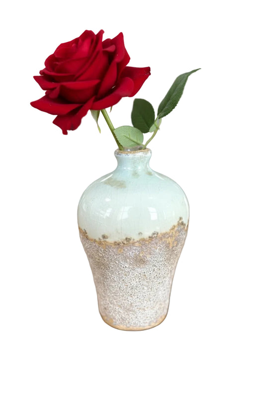 White Terracotta Two-Tone Ceramic Bud Vase - Distressed White Glazed Pottery Vase with Sandy Base