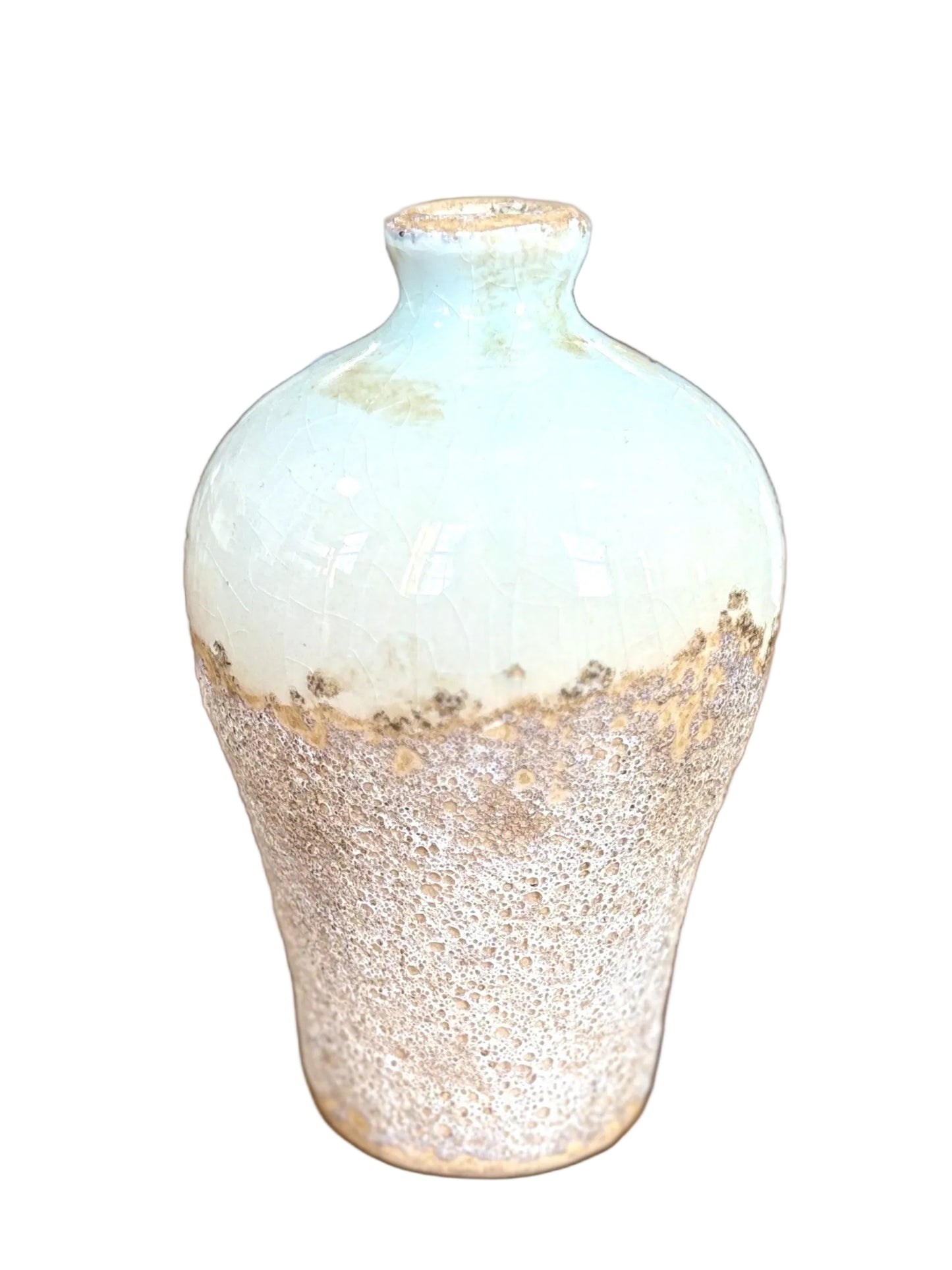 White Terracotta Two-Tone Ceramic Bud Vase - Distressed White Glazed Pottery Vase with Sandy Base