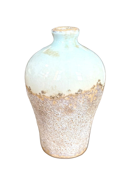 White Terracotta Two-Tone Ceramic Bud Vase - Distressed White Glazed Pottery Vase with Sandy Base