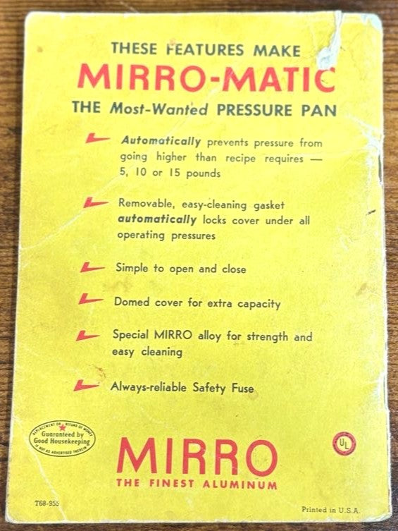 Vintage Cookbook Mirro-Matic Pressure Pan Recipe Paperback Book - Paperback Vintage Cookbook Mirro-Matic Pressure Pan
