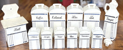 Vintage Twelve Piece German Kitchen Porcelain Kitchen Canisters Set - 12 Piece "Basel" Stamped Blue & White Kitchen Storage