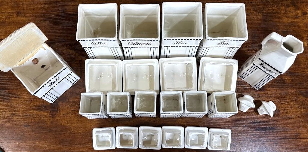Vintage Twelve Piece German Kitchen Porcelain Kitchen Canisters Set - 12 Piece "Basel" Stamped Blue & White Kitchen Storage