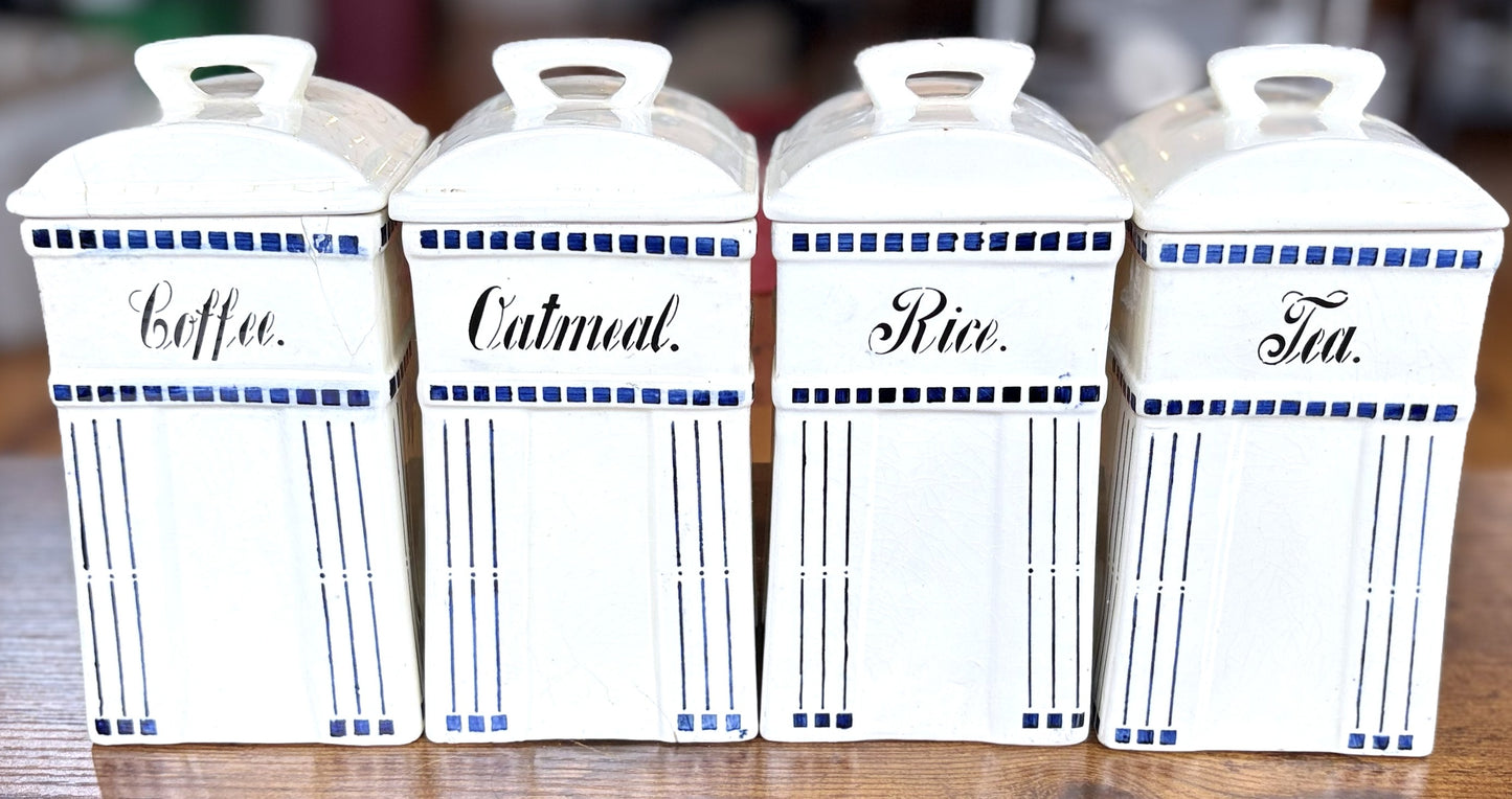 Vintage Twelve Piece German Kitchen Porcelain Kitchen Canisters Set - 12 Piece "Basel" Stamped Blue & White Kitchen Storage