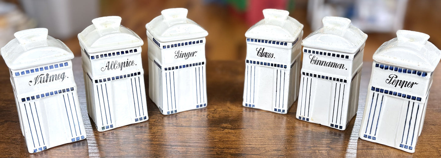 Vintage Twelve Piece German Kitchen Porcelain Kitchen Canisters Set - 12 Piece "Basel" Stamped Blue & White Kitchen Storage
