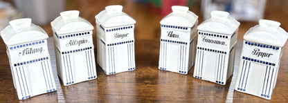 Vintage Twelve Piece German Kitchen Porcelain Kitchen Canisters Set - 12 Piece "Basel" Stamped Blue & White Kitchen Storage
