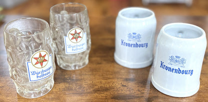 Lot of 4 Vintage Beer Mugs: 2 Würzburger Hofbräu Dimple Glass & 2 Kronenbourg Ceramic Steins