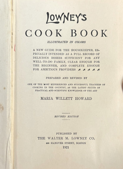 Vintage 1921 Illustrated Lowney's Cook Book - Rare 1920s Lowneys Hard Cover CookBook
