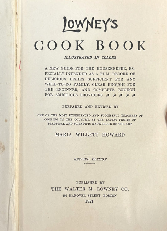Vintage 1921 Illustrated Lowney's Cook Book - Rare 1920s Lowneys Hard Cover CookBook