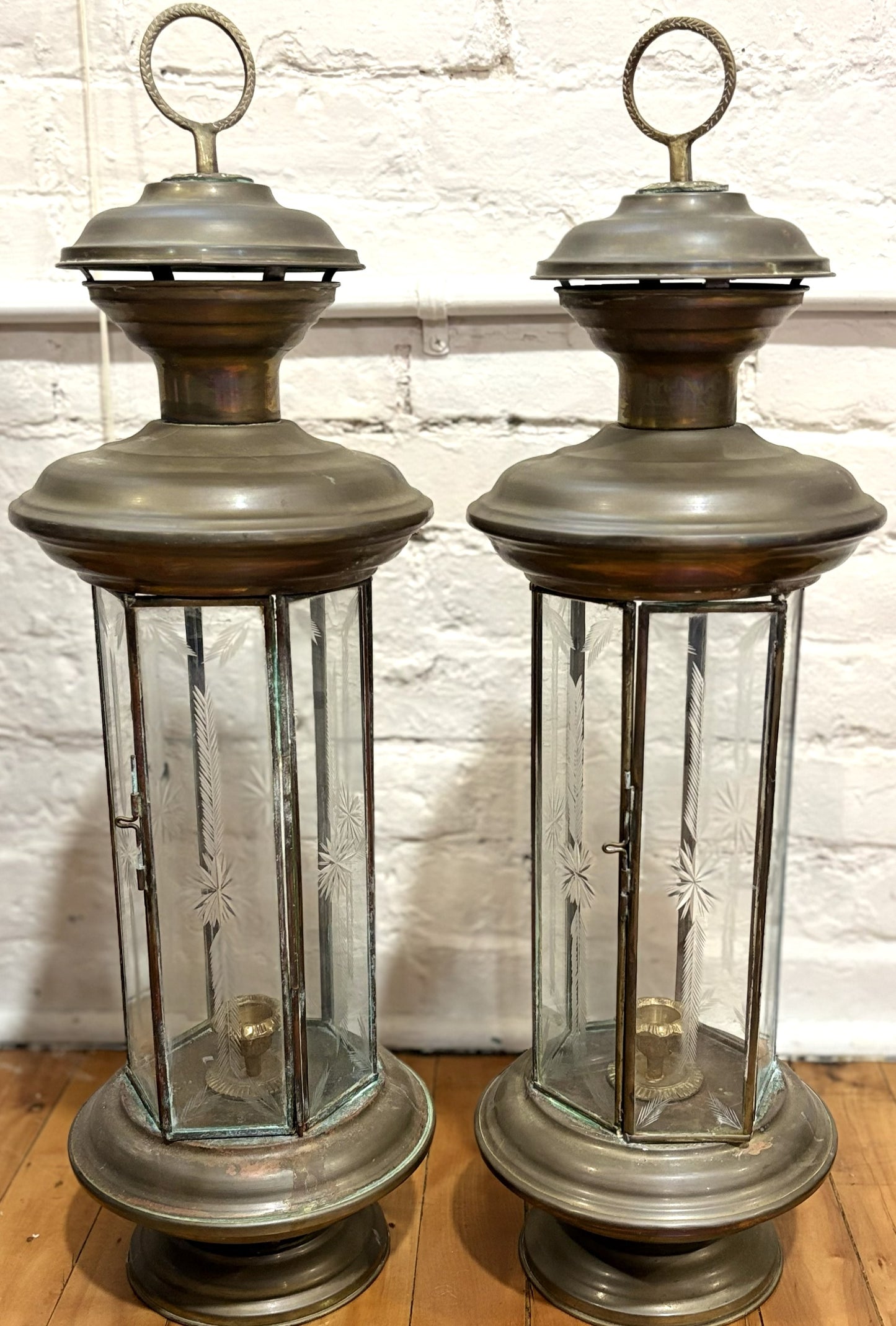 Pair of Vintage Brass Candle Lanterns with Etched Glass Panels 6-Sided Carriage Style - Antique Brass Hexagonal Candle Lanterns Set of 2