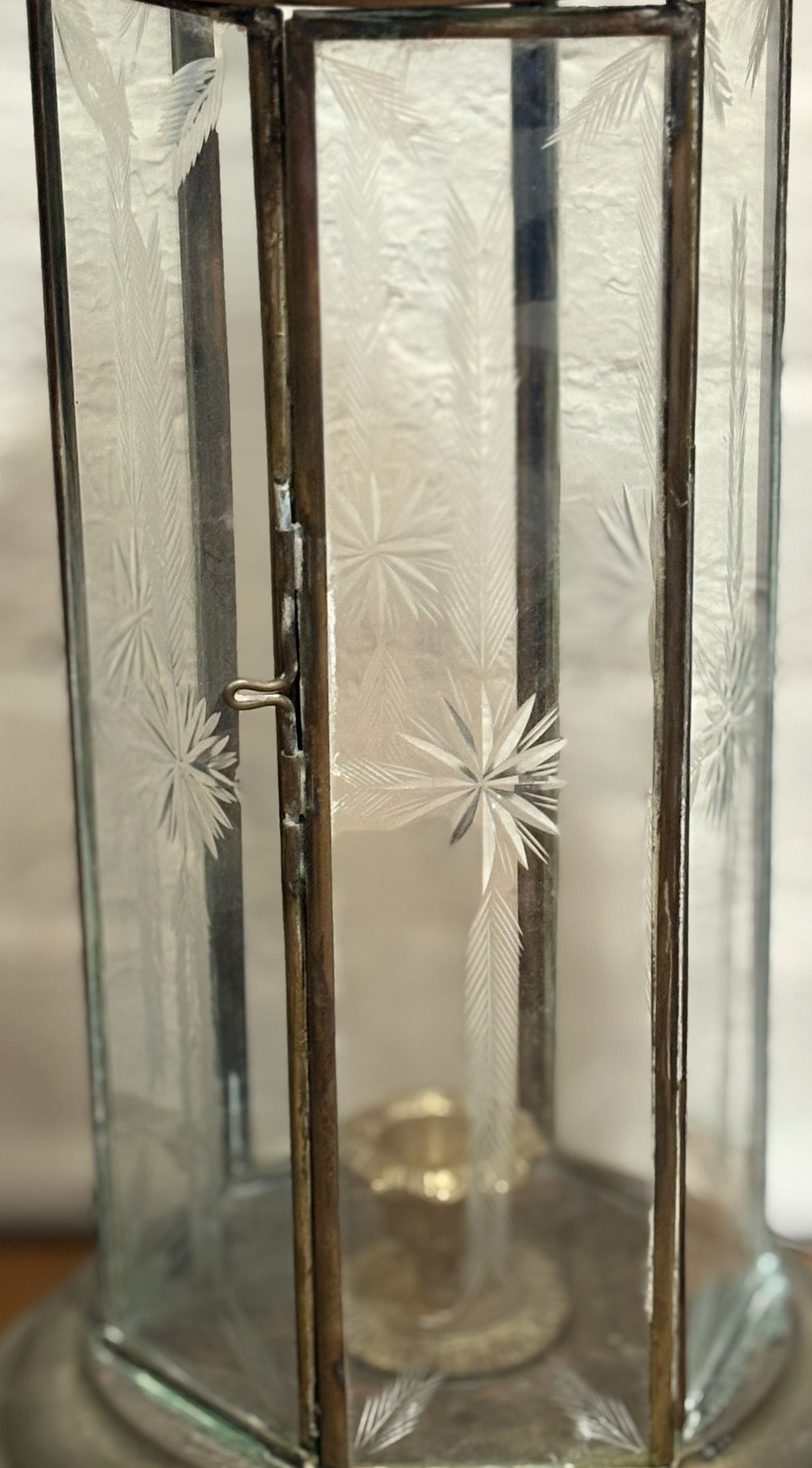 Pair of Vintage Brass Candle Lanterns with Etched Glass Panels 6-Sided Carriage Style - Antique Brass Hexagonal Candle Lanterns Set of 2