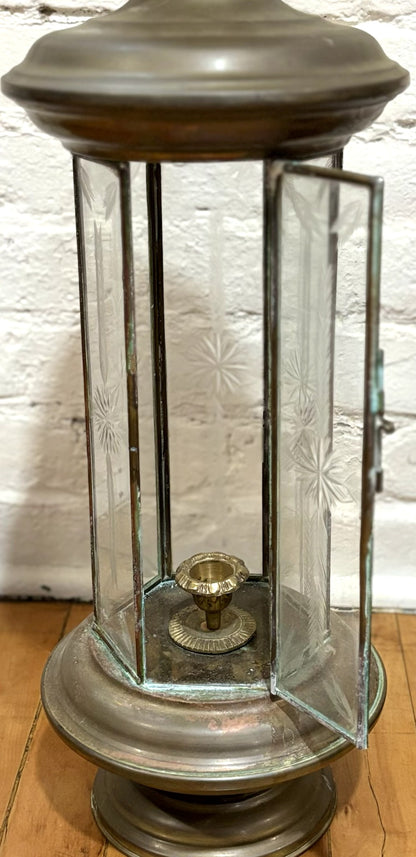 Pair of Vintage Brass Candle Lanterns with Etched Glass Panels 6-Sided Carriage Style - Antique Brass Hexagonal Candle Lanterns Set of 2