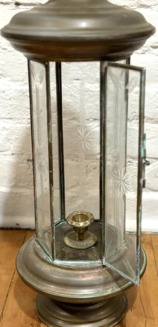 Pair of Vintage Brass Candle Lanterns with Etched Glass Panels 6-Sided Carriage Style - Antique Brass Hexagonal Candle Lanterns Set of 2