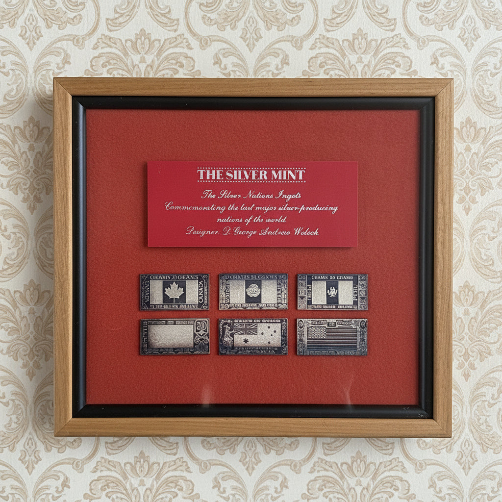 The Silver Mint .999 Silver Nations Flag 20 Gram Ingot Set of Six Framed Piece - Commemorative Silver-Producing Nations Of The World 20 Gram Ingots Set