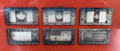 The Silver Mint .999 Silver Nations Flag 20 Gram Ingot Set of Six Framed Piece - Commemorative Silver-Producing Nations Of The World 20 Gram Ingots Set