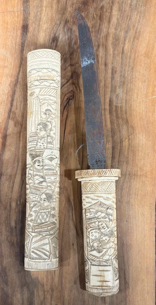 Antique Japanese Tanto Knife With Hand-Carved Animal Bone Hilt & Scabbard - Collectible Japan Mini Sword Animal Bone Carved Handle & Cover