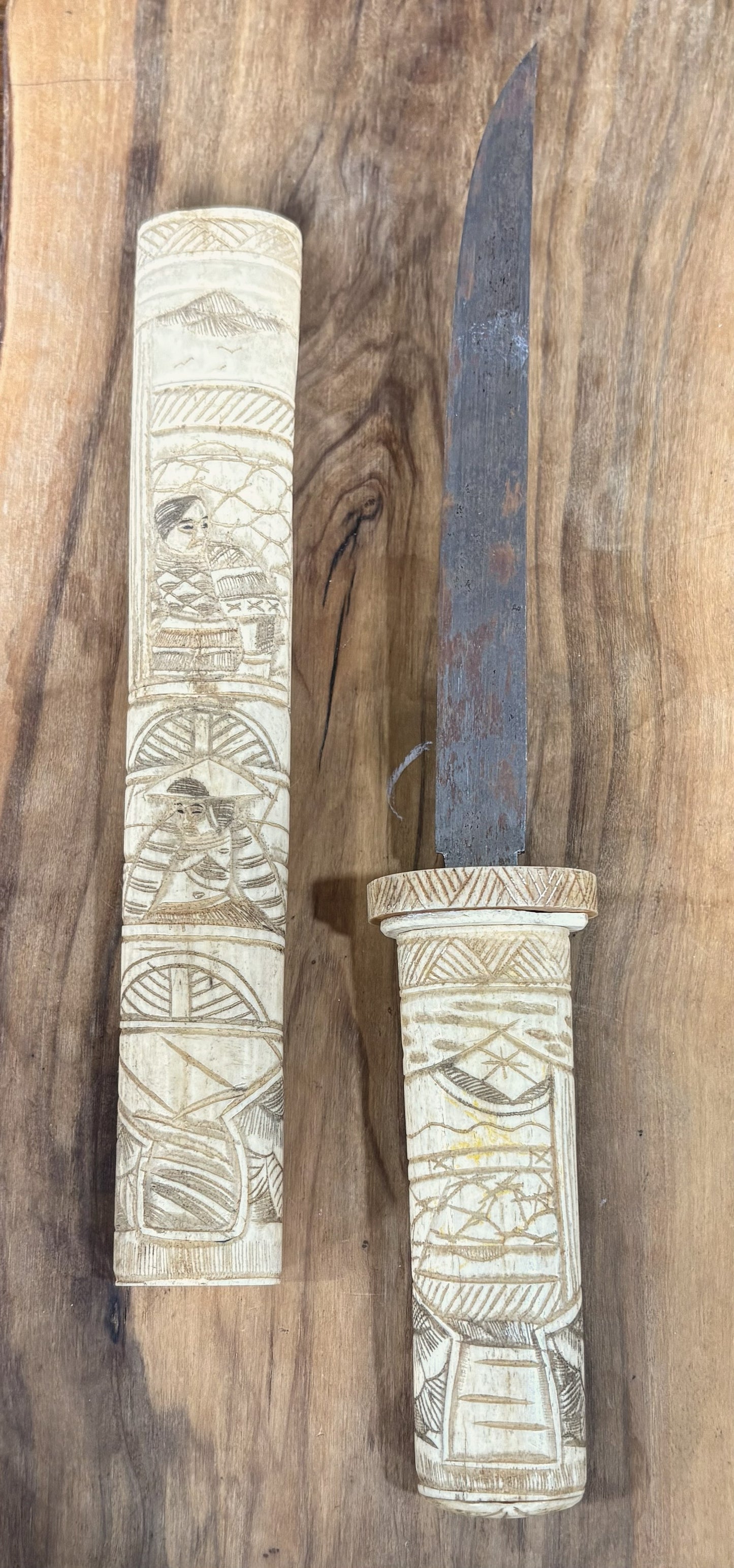 Antique Japanese Tanto Knife With Hand-Carved Animal Bone Hilt & Scabbard - Collectible Japan Mini Sword Animal Bone Carved Handle & Cover