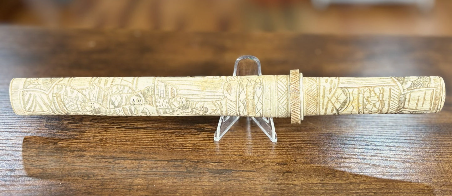 Antique Japanese Tanto Knife With Hand-Carved Animal Bone Hilt & Scabbard - Collectible Japan Mini Sword Animal Bone Carved Handle & Cover