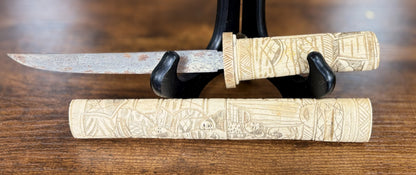 Antique Japanese Tanto Knife With Hand-Carved Animal Bone Hilt & Scabbard - Collectible Japan Mini Sword Animal Bone Carved Handle & Cover