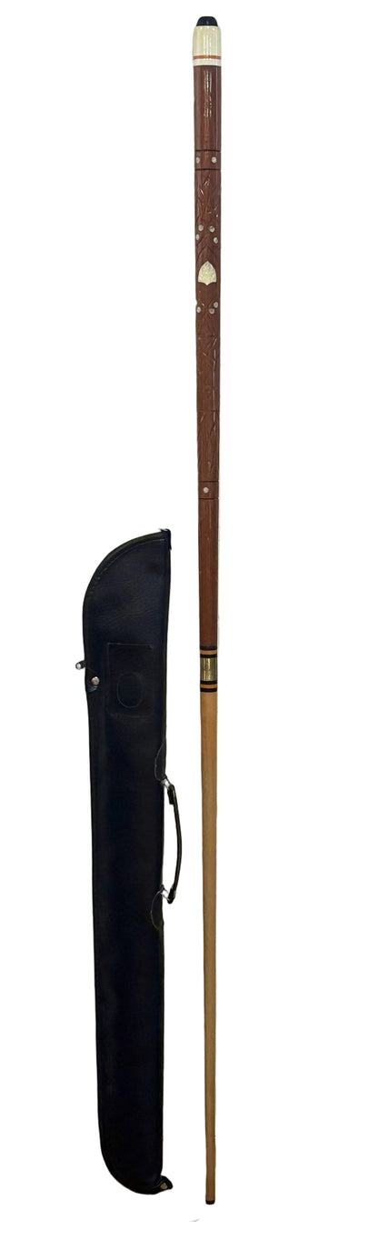 Vintage Pool Cue Carved Wood & Mother of Pearl Inlay With Leather Case - Gorgeous Mother of Pearl Pool Cue
