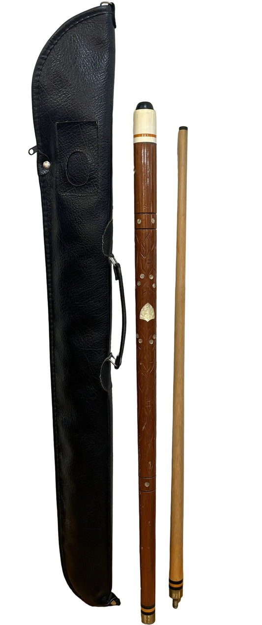 Vintage Pool Cue Carved Wood & Mother of Pearl Inlay With Leather Case - Gorgeous Mother of Pearl Pool Cue