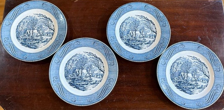 Royal China Currier & Ives, “The Old Grist Mill” Dinner Plates 4pc Set