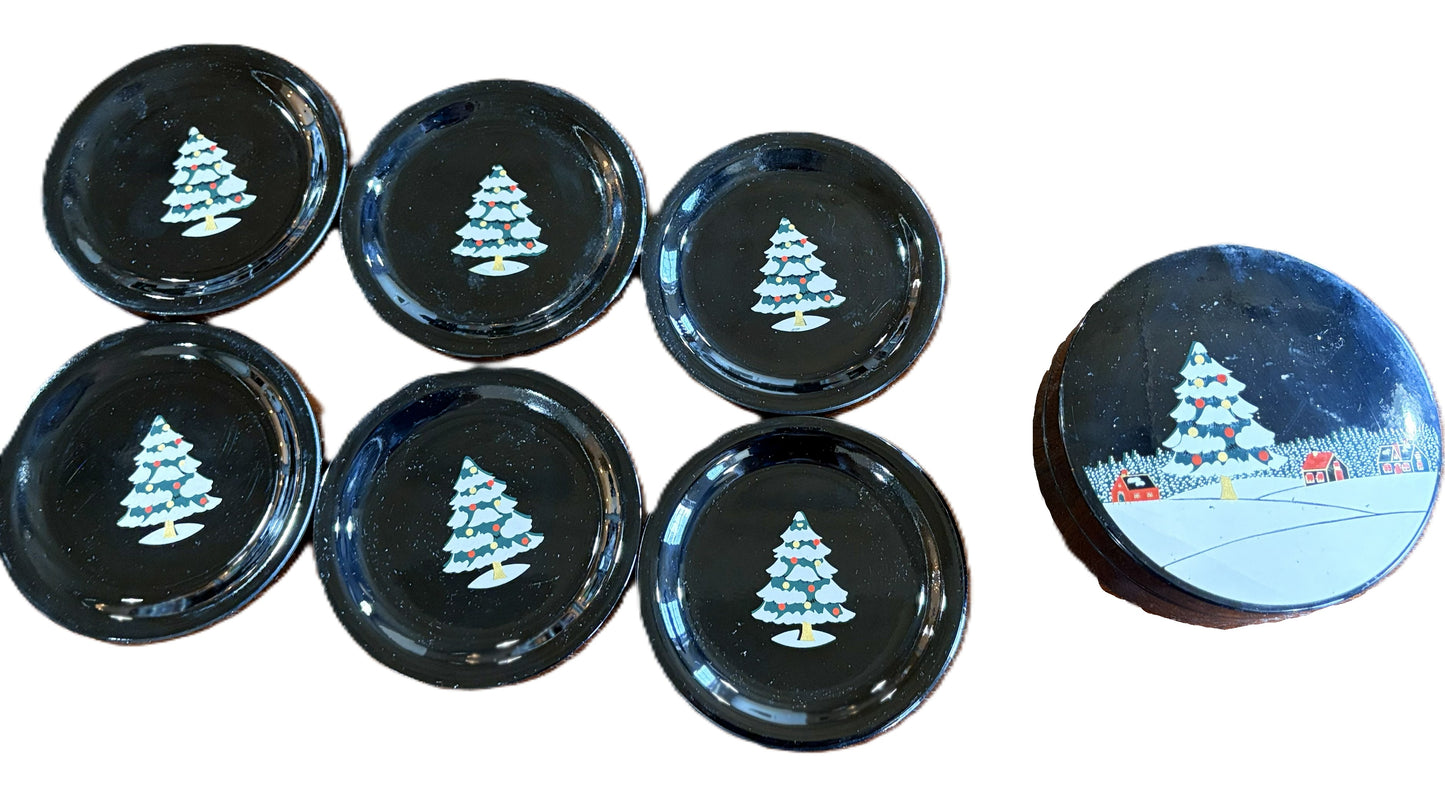 Japanese Black Lacquer Christmas Themed 6pc Coaster & Storage Box Set - Adorable Christmas Decor Coaster and Holder Set