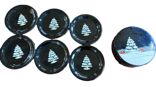 Japanese Black Lacquer Christmas Themed 6pc Coaster & Storage Box Set - Adorable Christmas Decor Coaster and Holder Set