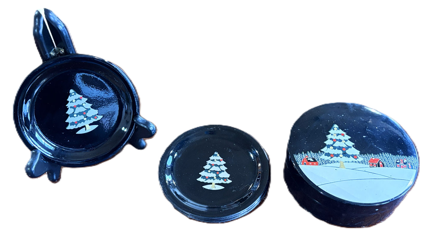 Japanese Black Lacquer Christmas Themed 6pc Coaster & Storage Box Set - Adorable Christmas Decor Coaster and Holder Set