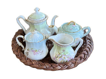Antique 4-Piece Pastel Green & Blue Floral Porcelain Tea Set - Porcelain Tea Set Hand-Painted Pink Roses