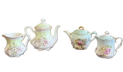 Antique 4-Piece Pastel Green & Blue Floral Porcelain Tea Set - Porcelain Tea Set Hand-Painted Pink Roses