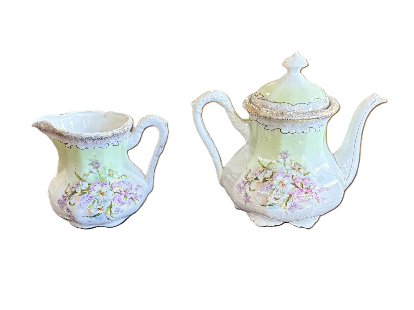 Antique 4-Piece Pastel Green & Blue Floral Porcelain Tea Set - Porcelain Tea Set Hand-Painted Pink Roses