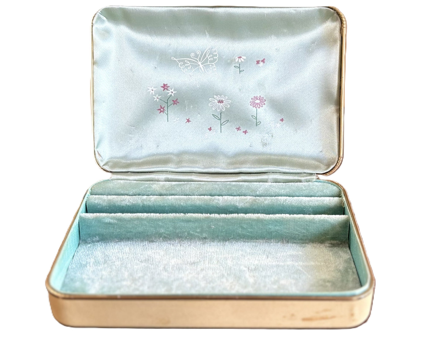 Vintage Farrington Travel Jewelry Case Beige Leatherette Mint Green Floral Lining - 1950s Farrington Travel Jewelry Box Mint Velvet