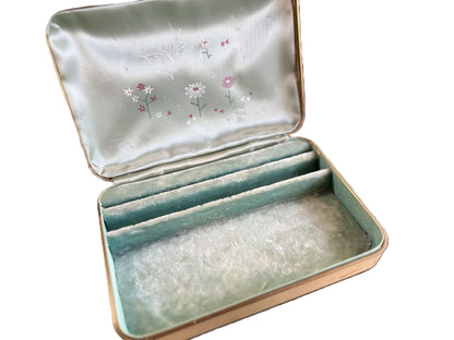 Vintage Farrington Travel Jewelry Case Beige Leatherette Mint Green Floral Lining - 1950s Farrington Travel Jewelry Box Mint Velvet