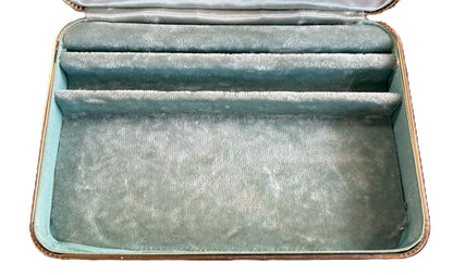 Vintage Farrington Travel Jewelry Case Beige Leatherette Mint Green Floral Lining - 1950s Farrington Travel Jewelry Box Mint Velvet