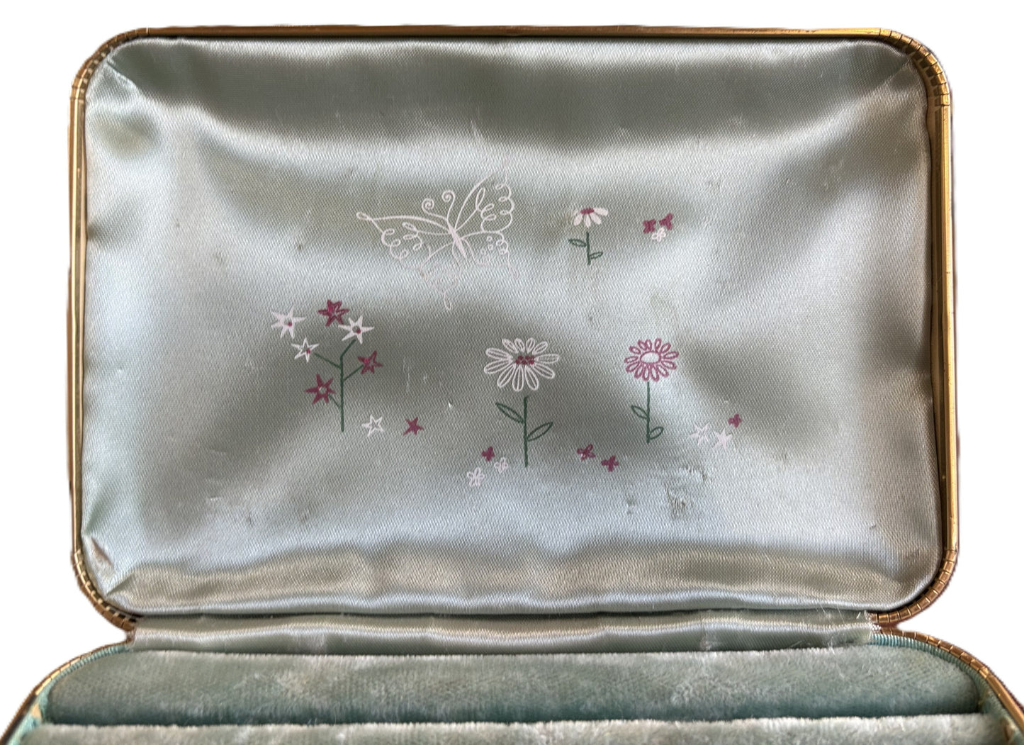 Vintage Farrington Travel Jewelry Case Beige Leatherette Mint Green Floral Lining - 1950s Farrington Travel Jewelry Box Mint Velvet