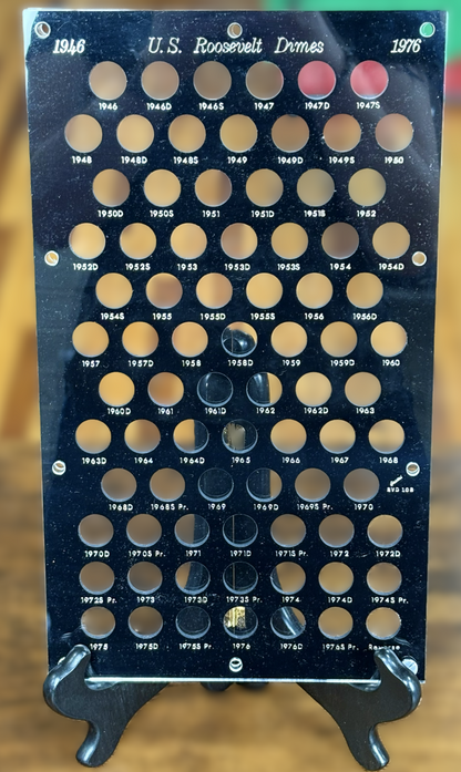 Capital Plastics Roosevelt Dime Coin Holder 1946-1976 Black Board No Screws - Vintage Capital Plastics 1946-1976 Roosevelt Dime Holder Board No Screws
