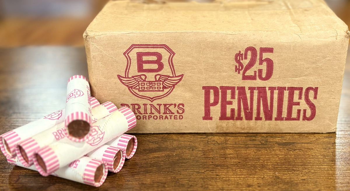 Vintage 1981 Brink's $25 Penny Box 50 Brilliant Uncirculated (BU) Rolls - 1981 Brink's Uncirculated Penny Box $25 Face Value (2,500 Unc Coins)