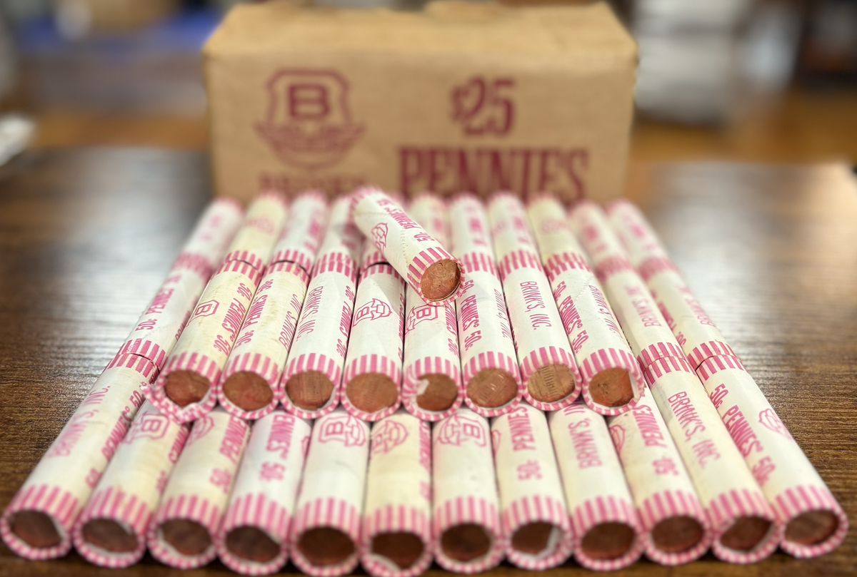 Vintage 1981 Brink's $25 Penny Box 50 Brilliant Uncirculated (BU) Rolls - 1981 Brink's Uncirculated Penny Box $25 Face Value (2,500 Unc Coins)