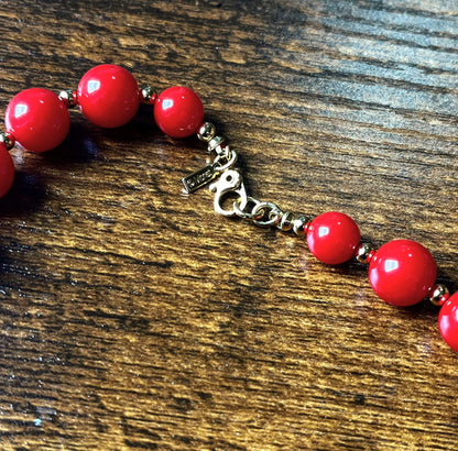 Vintage Monet Goldtone Red Lucite Beaded Necklace - 19 Inches - Circa 1950s Monet Signed Eclectic Red Bead Choker Necklace