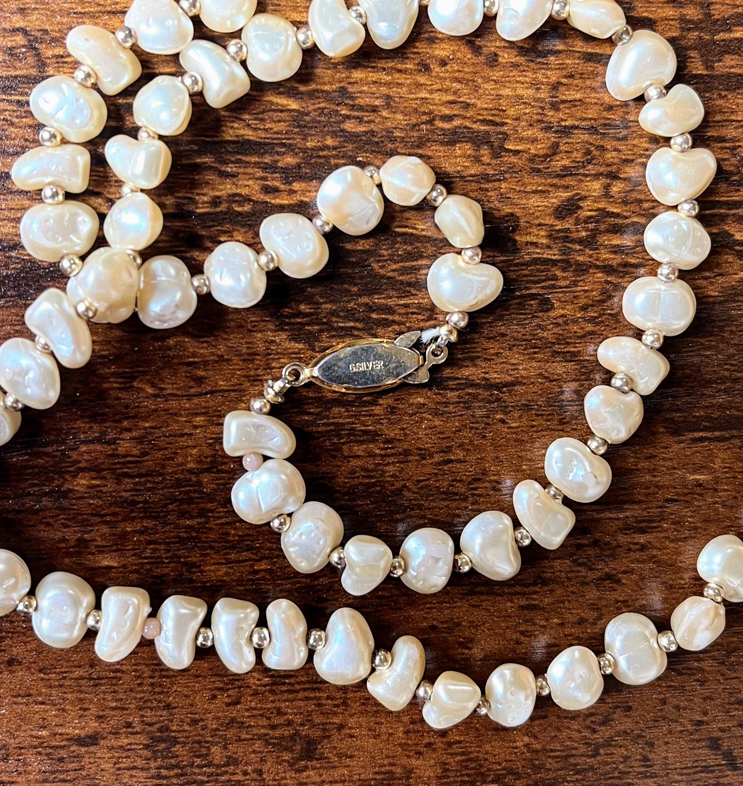 Elegant G. Silver Faux Pearl Goldtone Necklace - 25 Inches - Gold Filigree Clasp - G Silver Signed Unique Faux Pearl Clasp Necklace