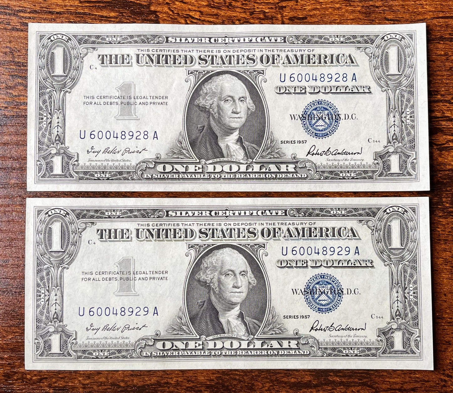 1957 Silver Certificate 1 Dollar Note Consecutive Pair - Uncirculated (UNC) Grade - 1957 Blue Seal Note Sequential Set - Fr#1619